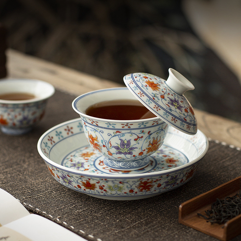 Korean Tea Set - Handmade Jingdezhen Blue White Sancai Gaiwan